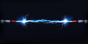 Electrical discharge passing through air between two pieces of naked wires or power cables 3d realistic vector illustration isolated on transparent background. Electrical power short circuit concept